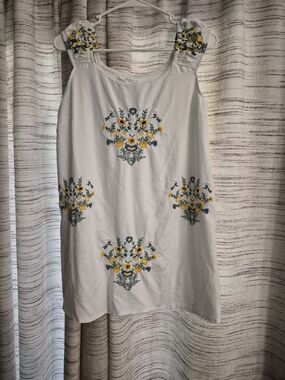 White Embroidered Mini Dress with Yellow & Blue Floral Accents